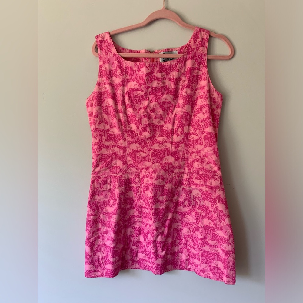 Vintage Lilly Pulitzer Pink Signature Logo Flamingo Mini Dress size 8